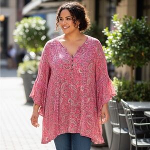 Anthology Blouse | Size 30/32 | Pink Boho Floral Lace Trim Top